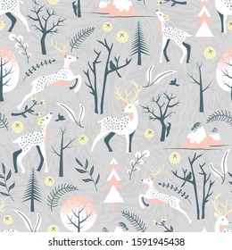 Winter Deers Landscape Vector Seamless Pattern