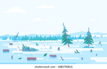 Winter Deforestation With Many Stumps And Small Spruce Trees After Christmas, Nature Disaster Concept Illustration In Flat Style, Cutting Down Trees, Environmental Pollution And Ecological Problems