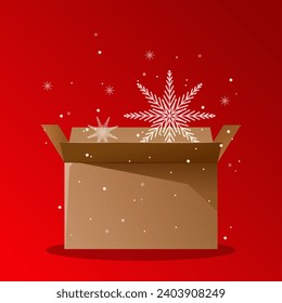 Winter delivery box. Christmas packaging. Red background, snowflakes, snow. Vector illustration with gradient. Seasonal concept.
