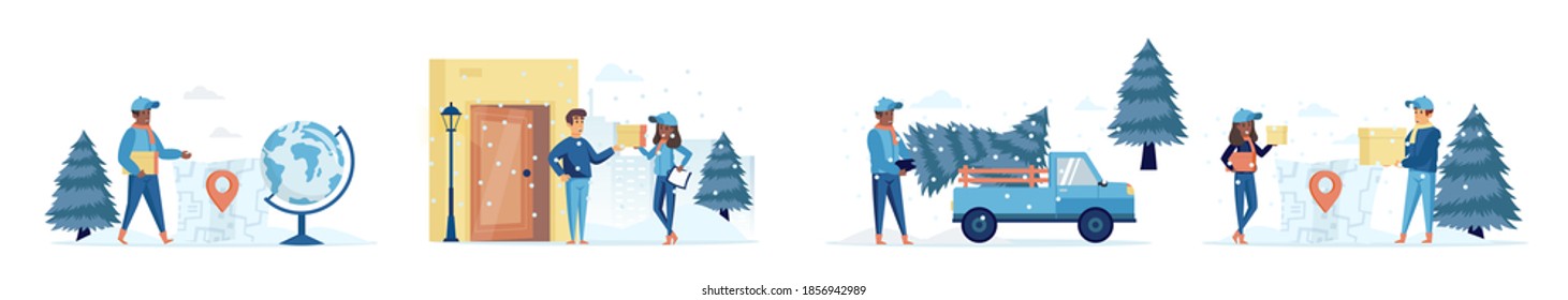 Winter Delivery Bundle Of Scenes With People Characters. Express Parcel And Package Delivery Services With Courier To Door Situations. Wintertime Shipping And Logistics Cartoon Vector Illustration.