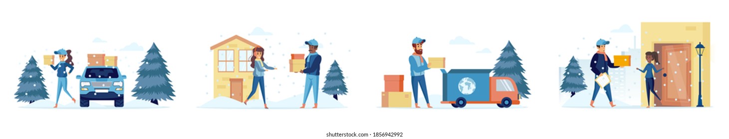 Winter Delivery Bundle Of Scenes With People Characters. Express Parcel And Package Delivery Services With Courier To Door Situations. Wintertime Shipping And Logistics Cartoon Vector Illustration.