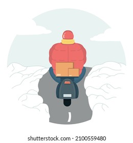 Winter Delivery Man Ridding On Scooter Back View. Courier On Moped Is Carrying Parcel On Winter Background. Food Or Other Deliver Concept Vector Flat Illustration.