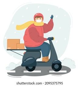 
Hombre de vectores de invierno montando en moto cuando nieva. Un tipo de mensajero con máscara protectora que ondea su mano. Ilustración plana vectorial de concepto de entrega.