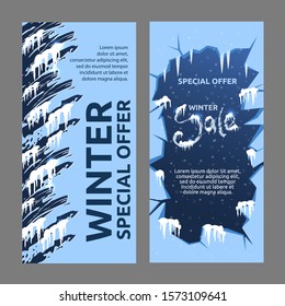 Winter design for banner, poster, flyer. Vector illustration with falling snowflakes and cracked ice. Illustration for special offers with copy space for description and discount offer