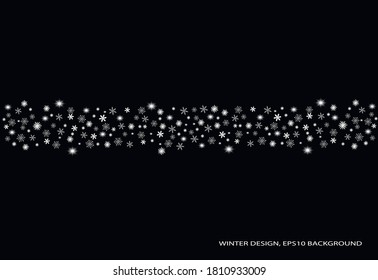 Winter design. Black background with a band formed by white snowflakes and shining stars in the middle.