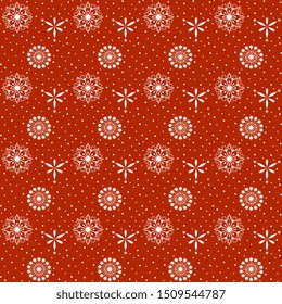 
Winter design. Christmas on a red background beautiful white snowflakes and snow. Vector seamless illustration.