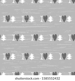 Winter design. Christmas pattern with white-gray symbols of love for the New Year on a gray background, with an old vintage texture, artistic. Vector seamless illustration.