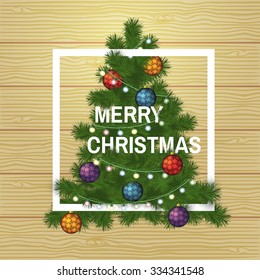 Winter design with christmas tree on wooden background. Merry Christmas vector illustration.