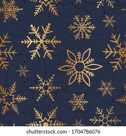 Winter design. Gold snowflakes on marble background with cracks. Seamless pattern. Hand drawn golden snowflakes. Drawing gold snow texture. Golden snowflakes on marble wallpaper for prints. Vector