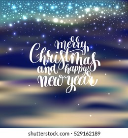 winter design with holiday lights and handwritten lettering merry christmas and happy new year to greeting card, poster, banner, vector illustration