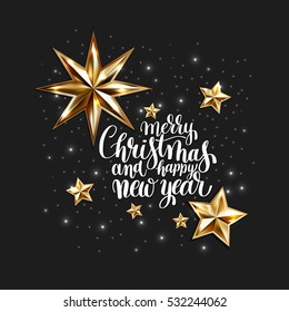 diseño invernal con luces de vacaciones y letritos escritos a mano alegres navidades y felices estrellas doradas de Año Nuevo para tarjetas de felicitación, afiches, banner, ilustración vectorial eps10