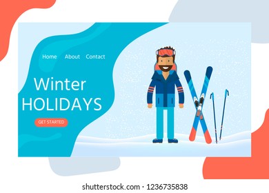 Winter design for landing web page, mobile apps with winter landscape. Horizontal web banner in flat design with man and skiing. Vector illustration concepts for website.
