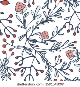 
winter design with red berries, orange cones and blue leaves on gray endless branch. seamless vector pattern in doodle style