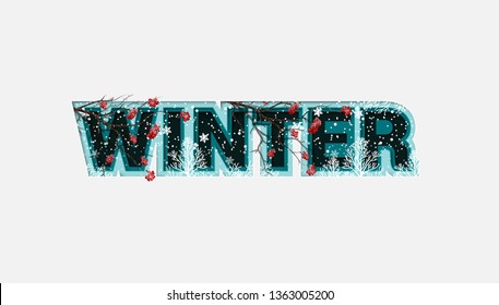 Winter Design with 
Rowan Branches on Light Background. Trendy Origami Paper Cut Style. Winter Vector Illustration for Coupon, Voucher, Poster, Banner.
