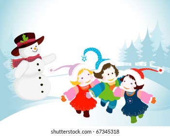 winter design with snowman and kids