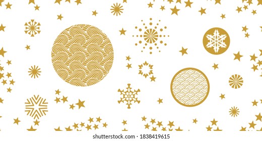 Winter design with stars flows. Seamless vector pattern with geometric motifs. Template for gifts, cards, flyers. Golden on white.