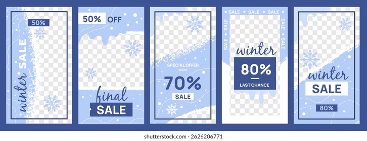 Winter design stories. Sale and discounts advertising frames, social media app borders, trendy templates, transparent layer, vertical minimal flyer, banner cold season, garish vector set