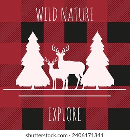 Winter design t-shirt print with Reindeer in Winter Forest on tradition Checkered background. Wild nature Explore art. Vector illustration can used shirt print, template card, banner and poster design