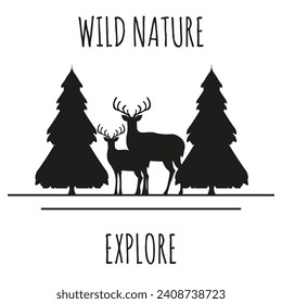 Winter design t-shirt print with Reindeer in Winter Forest isolated transparent background. Wild nature Explore art. Vector illustration can used shirt print, template card, banner and poster design