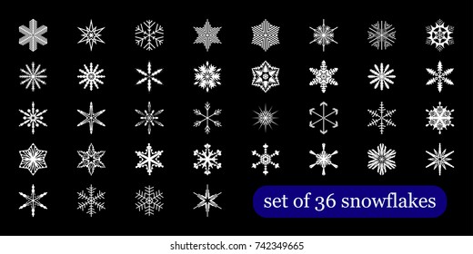 Winter desing of various white snowflakes on a black background. Vector illustration
