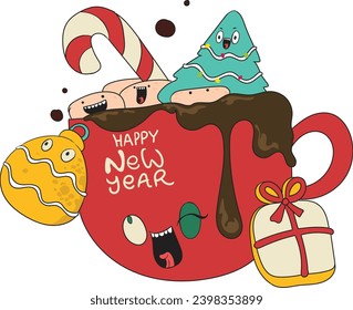 Bebida de postre de invierno. Taza de chocolate caliente con malvaviscos. Caricatura de ilustraciones de vectores