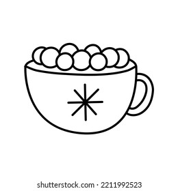 Winter dessert drink. A cup of hot chocolate with marshmallows. Vector doodle illustration cartoon flat icon isolated on white.