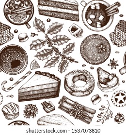 Winter desserts and hot seasonal drinks backdrop. Mulled wine, hot chocolate, coffee, tea and sweet baking illustration. Hand drawn winter food and drinks seamless pattern. Christmas bar menu template
