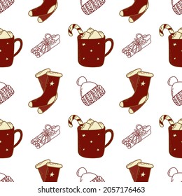 Winter detail illustration. Seamless pattern with cozy elements: cinnamon, cup, hut, socks in red color. For wallpaper, decoration, textile 