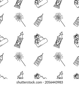 Winter details seamless pattern. Contour elements: candle, lantern, sparkler, presents, house