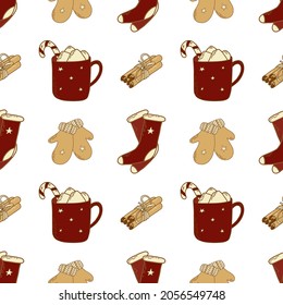 Los detalles del invierno son un patrón sin fisuras. Elemento acogedor y agradable: taza, canela, mitones, medias. Para textiles, papel pintado, decoración 