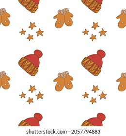 Winter details seamless pattern. Cute elements: hut, stars, mittens