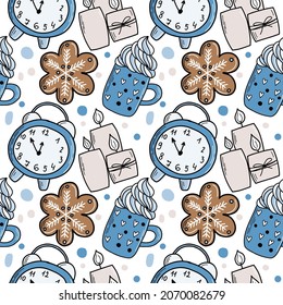 Winter details seamless pattern with doodle illustrations. Gingerbread, coffee with cream with a mug, alarm clock, candles. Illustration in blue shades for wrapping paper, textile, print, decorations.