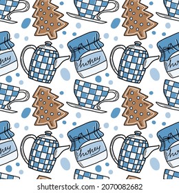 Winter details seamless pattern with doodle illustrations. Gingerbread, mug, teapot, honey jar . Illustration in blue shades for wrapping paper, textile, print, decorations.