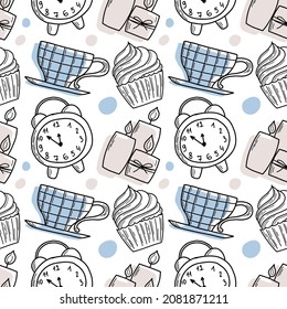 Winter details seamless pattern with doodle illustrations. Cupcake, mug, alarm clock, candles. Illustration in blue shades for wrapping paper, textile, print, decorations.