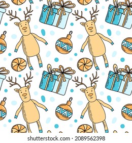 Winterdetails nahtloses Muster mit doodle Illustrationen. Geschenke, Hirsch, Dekor, Karamelll, Süßigkeiten. Illustration in Blau- und Gelbtönen zum Verpacken von Papier, Textilien, Druck, Dekorationen. Vektorgrafik, EPS10
