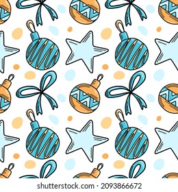 Winter details seamless pattern with doodle illustrations. Bows, stars and christmas balls. Illustration in blue shades for wrapping paper, textile, print, decorations.