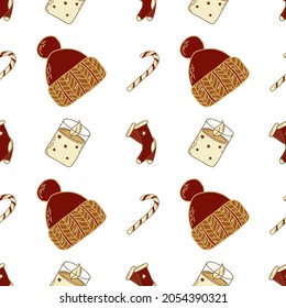 Winter details seamless pattern. Hut, candle, candy, socks. For wallpaper, textile, decoration.
