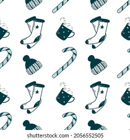 Winter details seamless pattern. For textile, wallpaper, decoration. Socks, cup, hut, candy