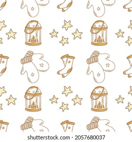 Winter details seamless pattern. For wrapping paper, decoration, textile. Mittens, socks, star, candle