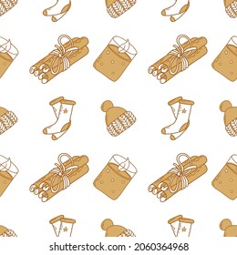 Winter details seamless pattern. For wrapping, decoration, textile. Cinnamon, candle, hut, socks.