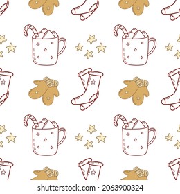 Los detalles del invierno son un patrón sin fisuras. Para envoltura, decoración, textil. Elementos acogedores: taza, estrella, medias, mitones