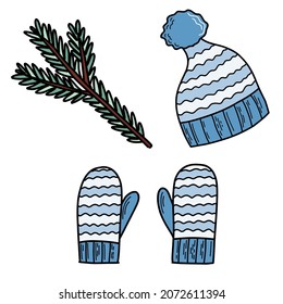 Detalles de invierno con ilustraciones de doodle. Ramas de flores, sombrero de invierno, mitones. Ilustración natural con elementos para envolver papel, textiles, decoraciones.