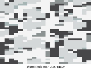 Winter Digi Camo Vector, Seamless Pattern. Snow Multi-scale Modern 8bit Pixel Camouflage In White And Gray Tones. Digicamo Design.
