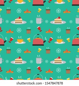 Winter dinner party seamless pattern. Holiday cartoon vector. Winter season background.