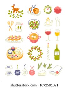 Winter dinner party vector illustrations, isolated on white