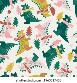 Winter dino with Christmas tree seamless vector pattern. Festive dinosaur decorative background for kids. Merry Xmas Jurassic party animalistic childish print design.