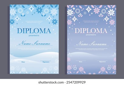 Modelos de diploma de inverno. Certificado de crianças com ornamentos, flocos de neve, rosa pastel frio, azul, cores lilás, fundo congelado. Design festivo de esporte na moda