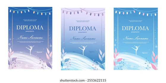 Winter diploma templates set for rhythmi gymnastics. Kids certificate with garlands, snowflakes, pastel cold pink, blue, lilac colours, frozen background. Trendy sport festive design background