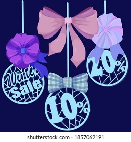 Winterrabatt. Bälle oder Kreise mit Bögen. Vektorgrafik des Verkaufsabbildes für Banner, Aufkleber, Flyer mit Farbbogen, Karte, Webelement. Einzelne Illustration auf Farbhintergrund