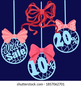 Winter discount. balls or circles with bows. Vector illustration of sale badge for banner, sticker, flyer with pink bow, card, web element. Isolated illustration on color background
